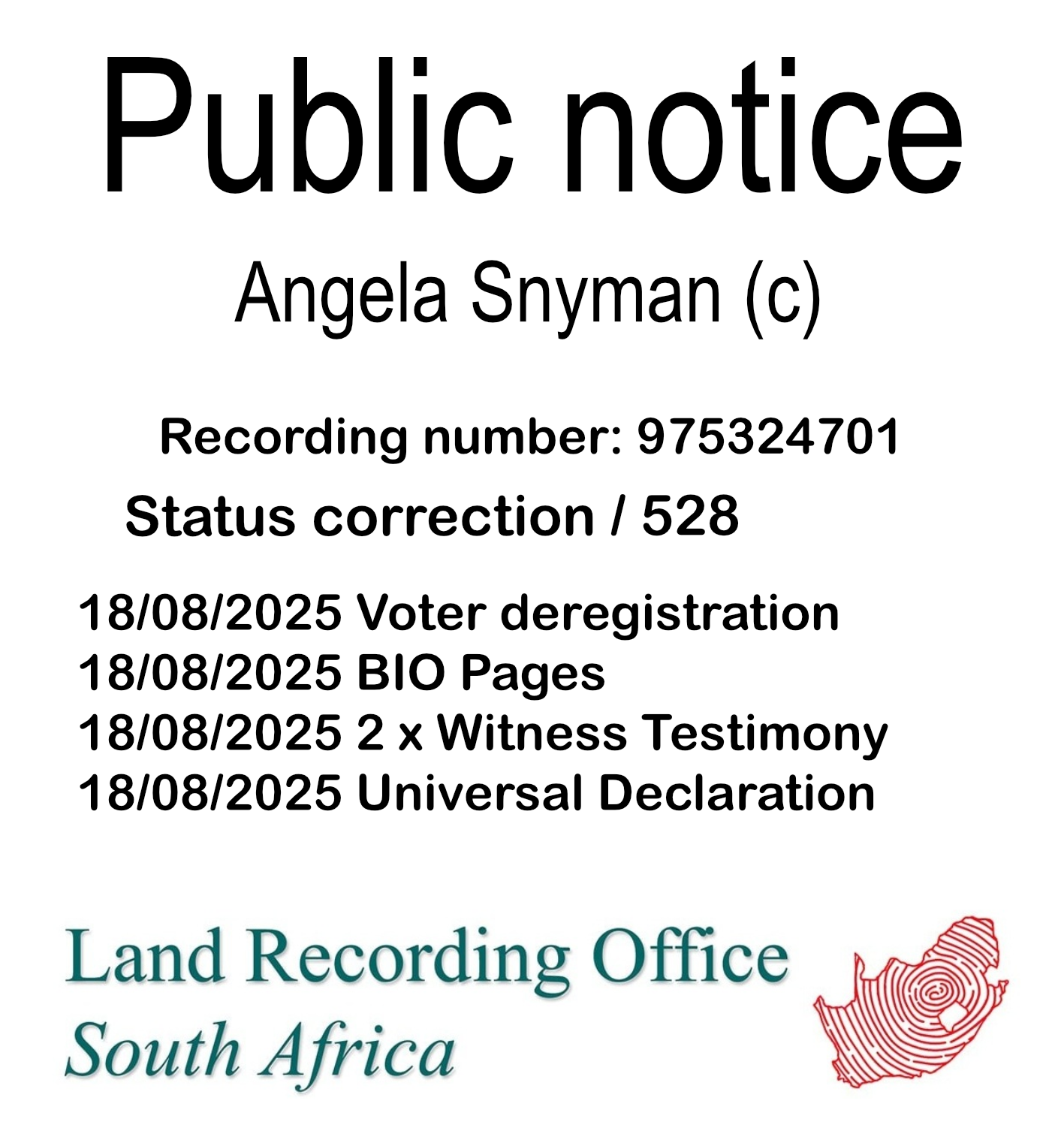 Public notice Angela Snyman (c) Recording number 975324701